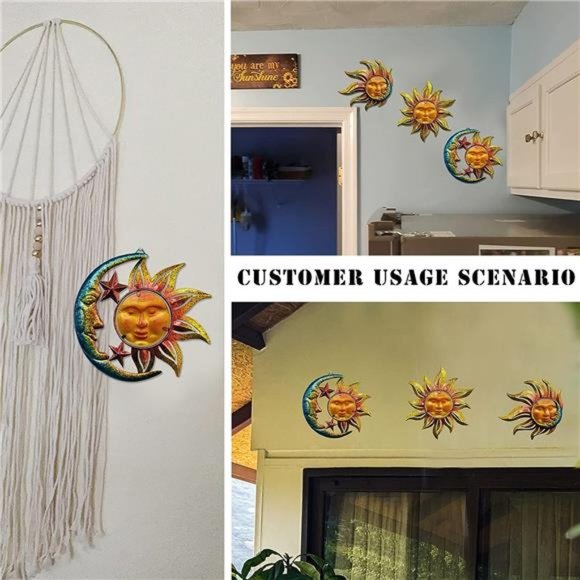 Sun Face Metal Wall Art Decor Outdoor Indoor, Sun Moon Star,Metal &Glass Hanging - Picture 5 of 6